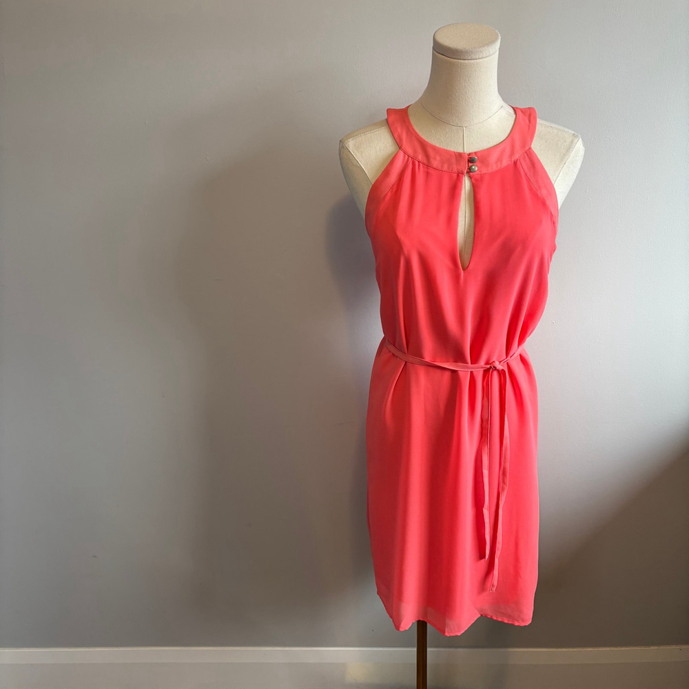 RW&CO. Women's Keyhole Halter Neck Belted Coral Pink Dress, SZ M